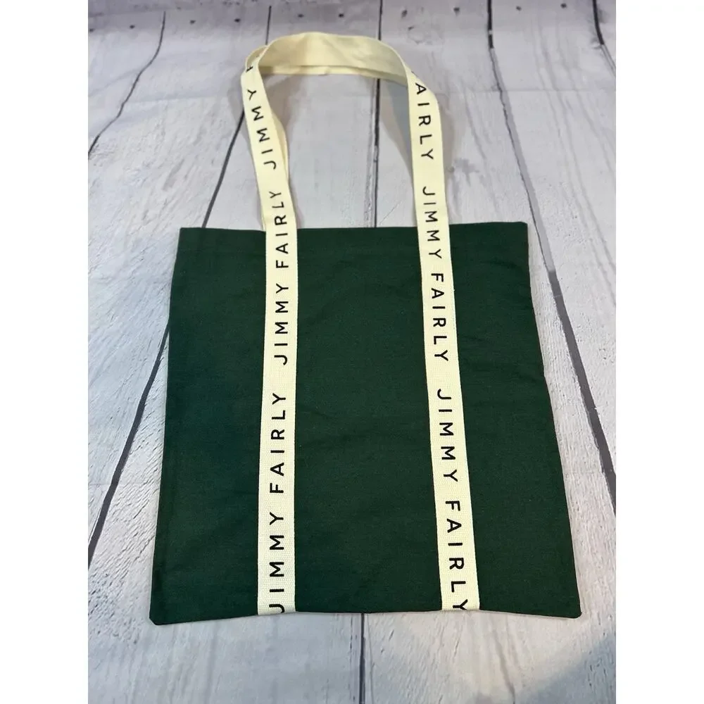 Jimmy Fairly Tote Bag Green Canvas White Logo Straps Reusable Tote 17" x 17" - Picture 2 of 5
